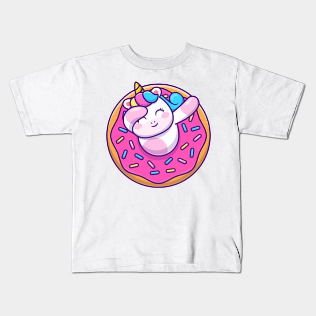 Cute Unicorn Dabbing With Doughnut Cartoon Kids T-Shirt by Catalyst Labs